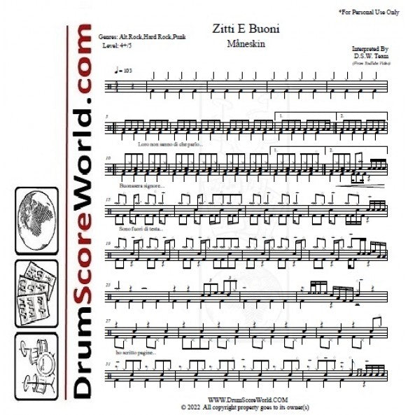 Zitti E Buoni - Måneskin - Full Drum Transcription / Drum Sheet Music - DrumScoreWorld.com