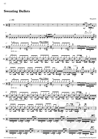 Sweating Bullets - Megadeth - Full Drum Transcription / Drum Sheet Music - AriaMus.com
