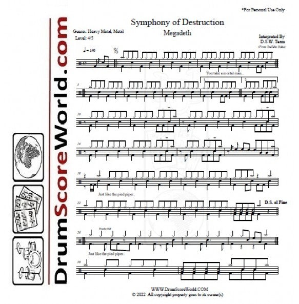 Symphony of Destruction - Megadeth - Full Drum Transcription / Drum Sheet Music - DrumScoreWorld.com