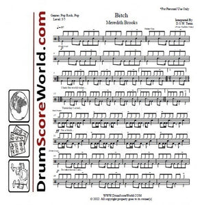 Bitch - Meredith Brooks - Full Drum Transcription / Drum Sheet Music - DrumScoreWorld.com