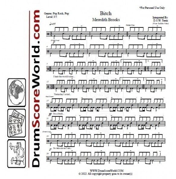 Bitch - Meredith Brooks - Full Drum Transcription / Drum Sheet Music - DrumScoreWorld.com