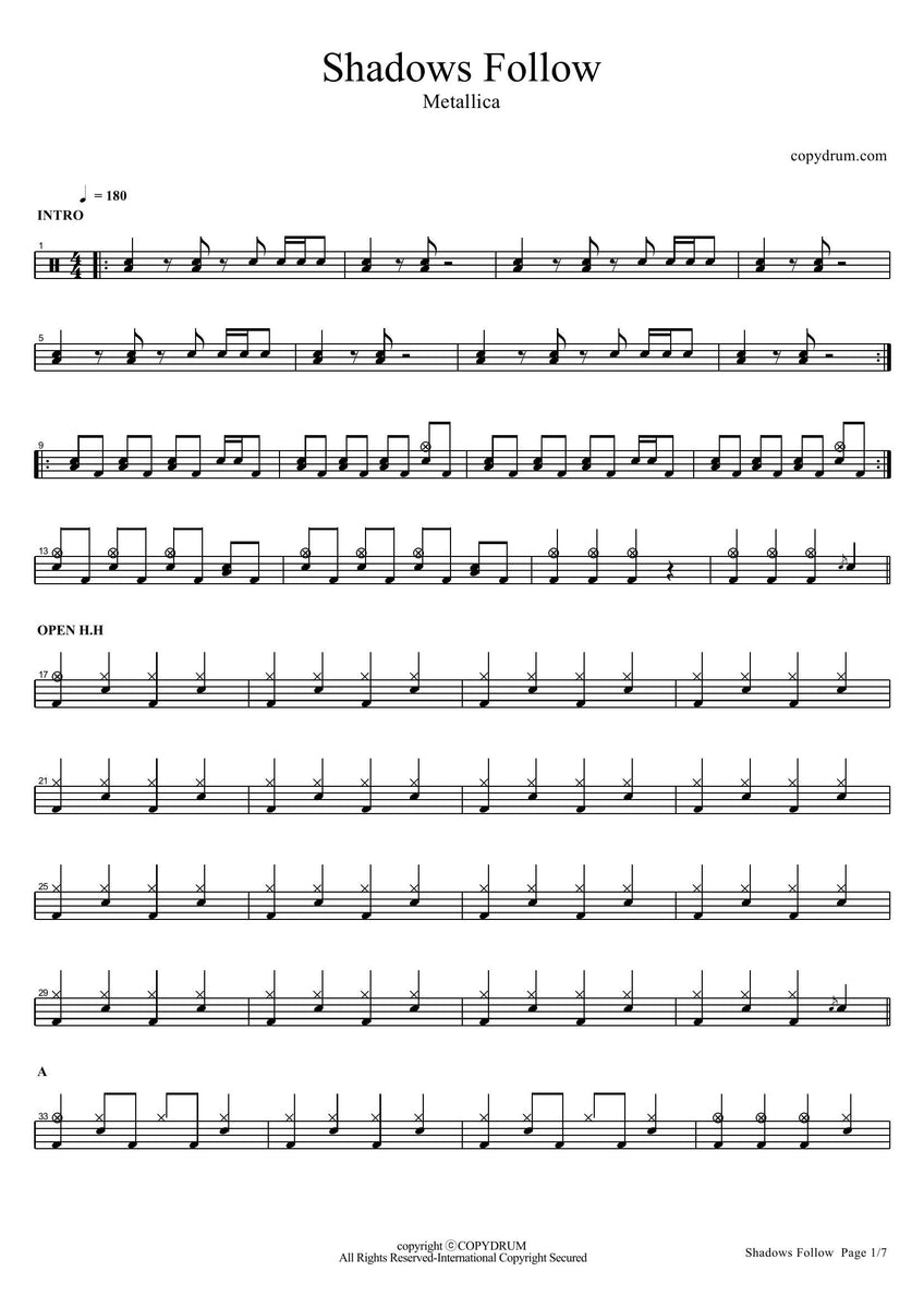 Shadows Follow - Metallica - Drum Sheet Music - COPYDRUM ...