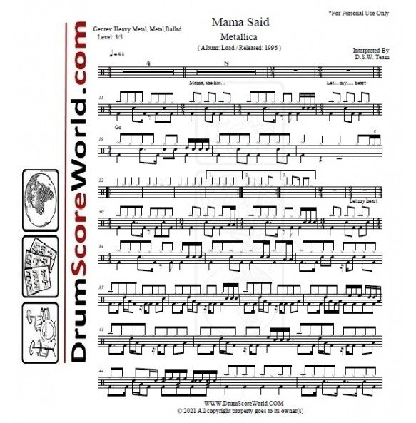 Mama Said - Metallica - Drum Sheet Music - DrumScoreWorld.com