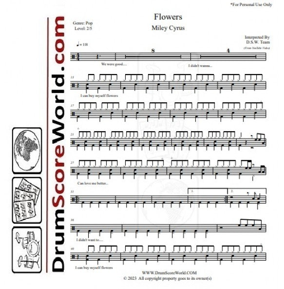 Flowers - Miley Cyrus - Full Drum Transcription / Drum Sheet Music - DrumScoreWorld.com