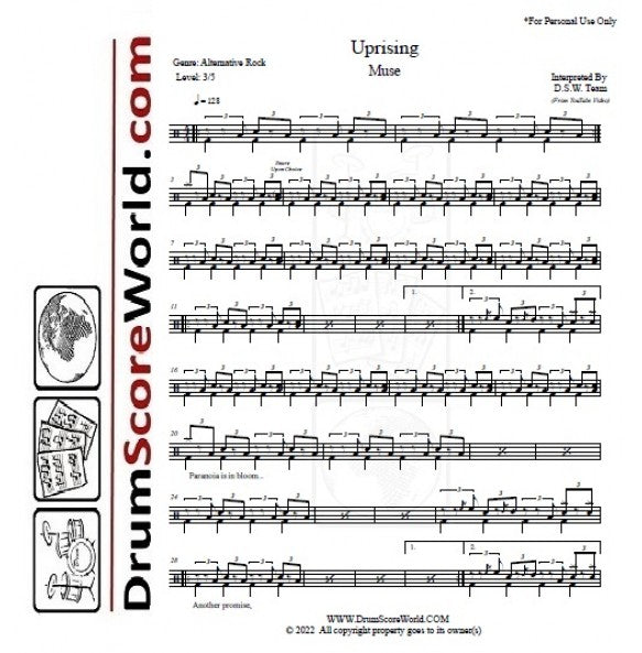 Uprising - Muse - Full Drum Transcription / Drum Sheet Music - DrumScoreWorld.com