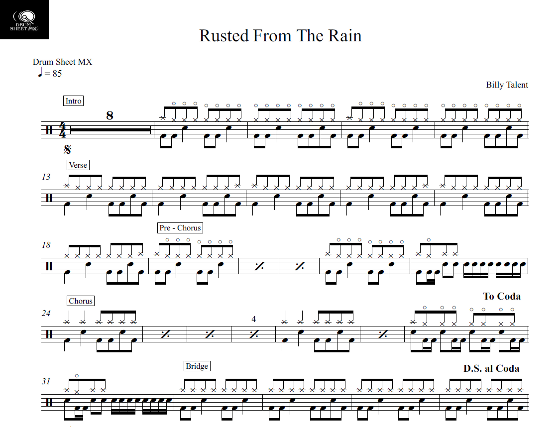 Rust Drum Script Rusted from the Rain - Billy Talent - Drum Sheet Music - Drum Sheet MX ...