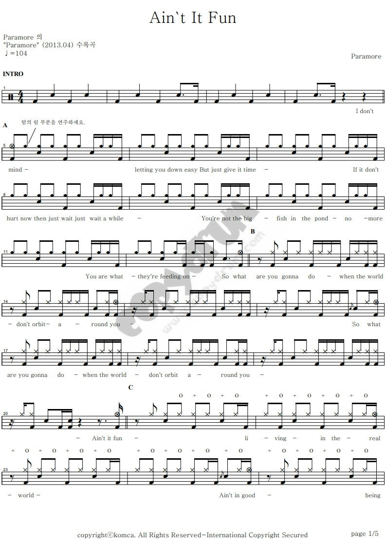Ain't It Fun - Paramore - Drum Sheet Music - COPYDRUM – DrumSetSheetMusic