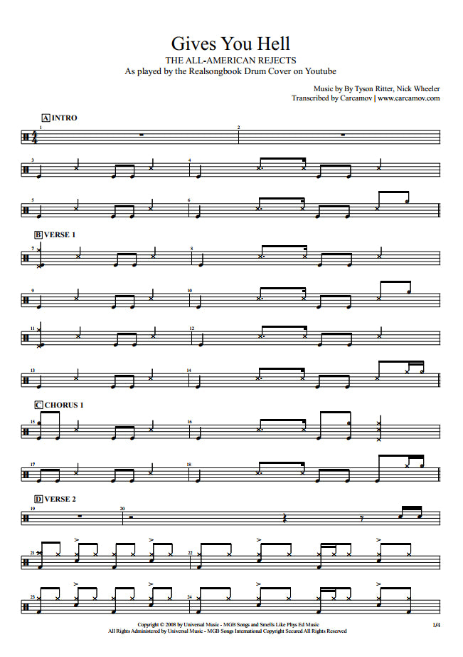 Gives You Hell - The All American Rejects - Full Drum Transcription / Drum Sheet Music - Realsongbook