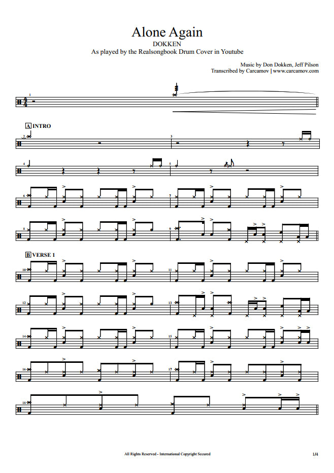 Alone Again - Dokken - Full Drum Transcription / Drum Sheet Music - Realsongbook