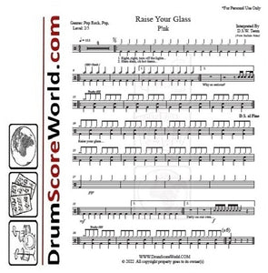 Raise Your Glass - Pink - Full Drum Transcription / Drum Sheet Music - DrumScoreWorld.com