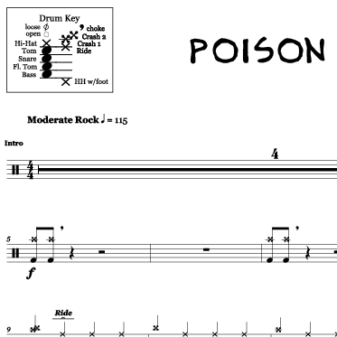 Poison - Alice Cooper - Full Drum Transcription / Drum Sheet Music - OnlineDrummer.com