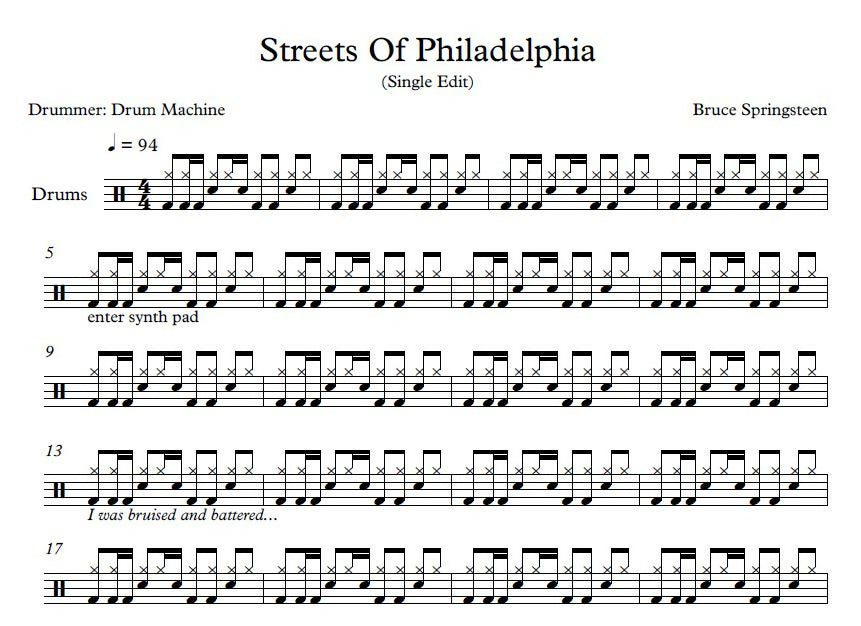 Streets Of Philadelphia - Bruce Springsteen - Full Drum Transcription ...