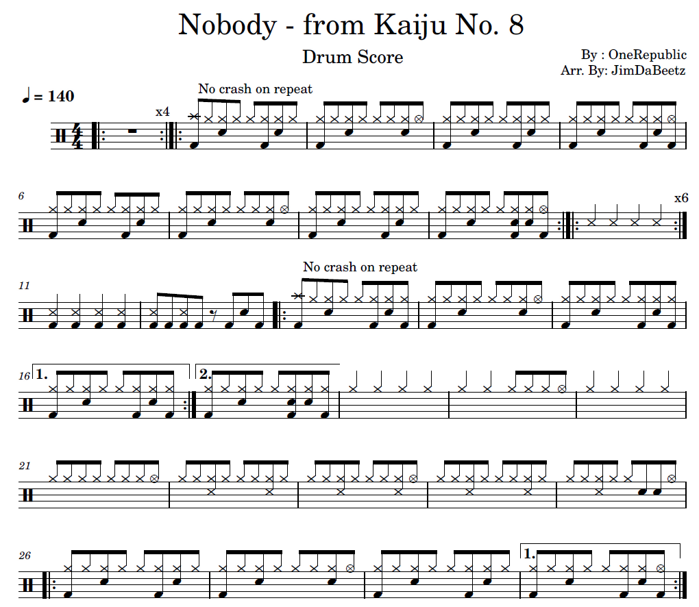 Nobody OneRepublic Drum Sheet Music JimDaBeetz DrumSetSheetMusic