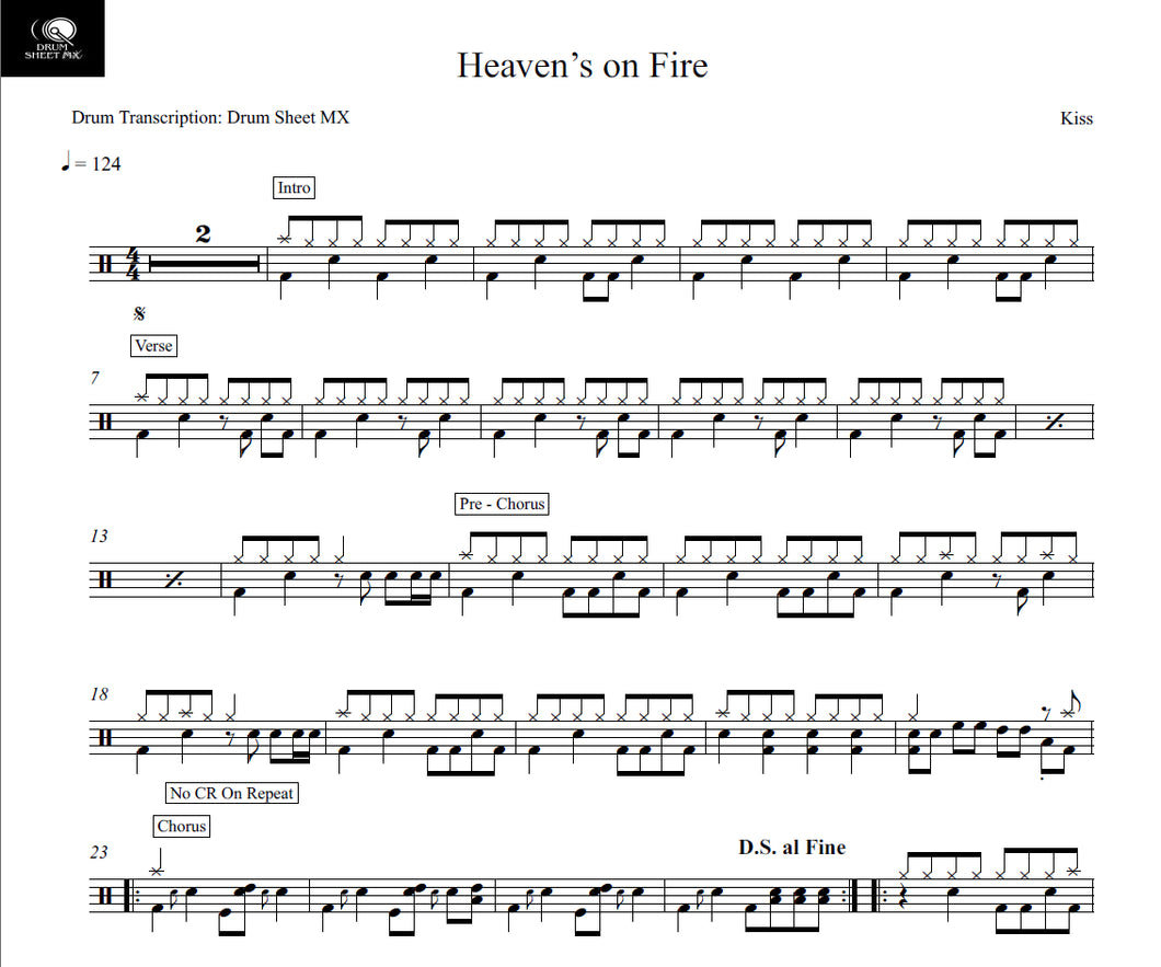 Heaven's on Fire - Kiss - Full Drum Transcription / Drum Sheet Music - Drum Sheet MX