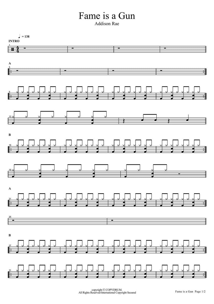 Fame Is a Gun - Addison Rae - Drum Sheet Music - COPYDRUM ...