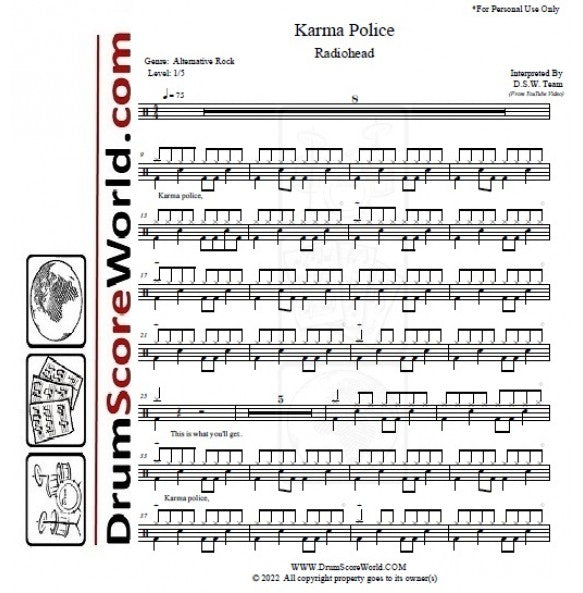 Karma Police - Radiohead - Full Drum Transcription / Drum Sheet Music - DrumScoreWorld.com