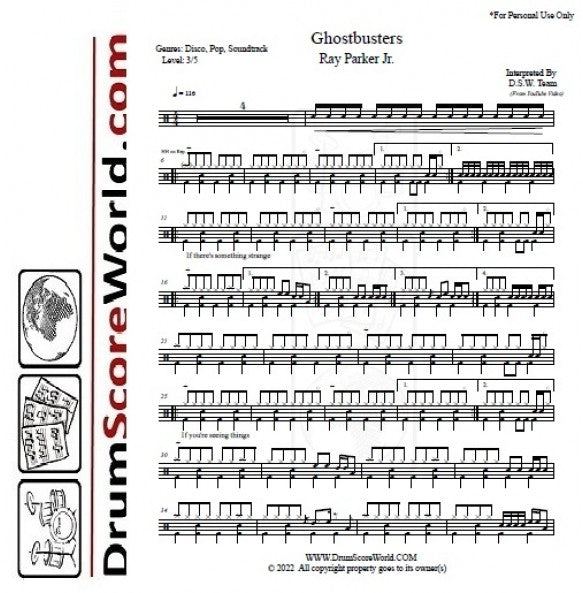 Ghostbusters - Ray Parker Jr. - Full Drum Transcription / Drum Sheet Music - DrumScoreWorld.com