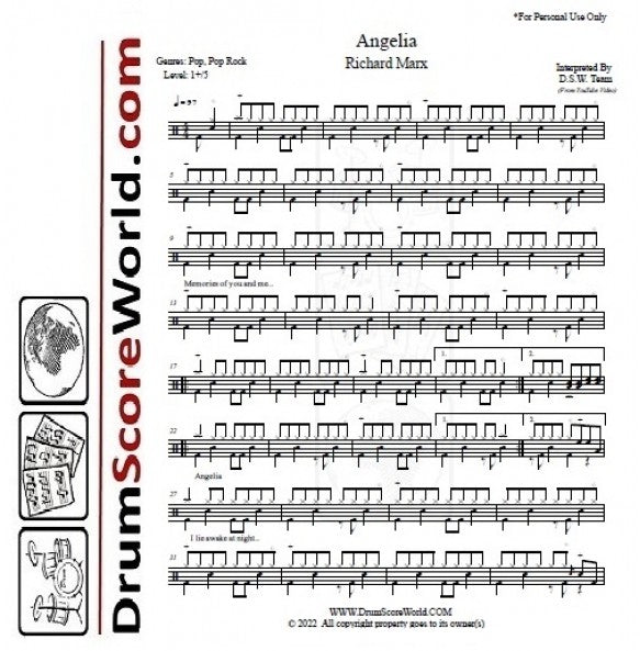 Angelia - Richard Marx - Full Drum Transcription / Drum Sheet Music - DrumScoreWorld.com
