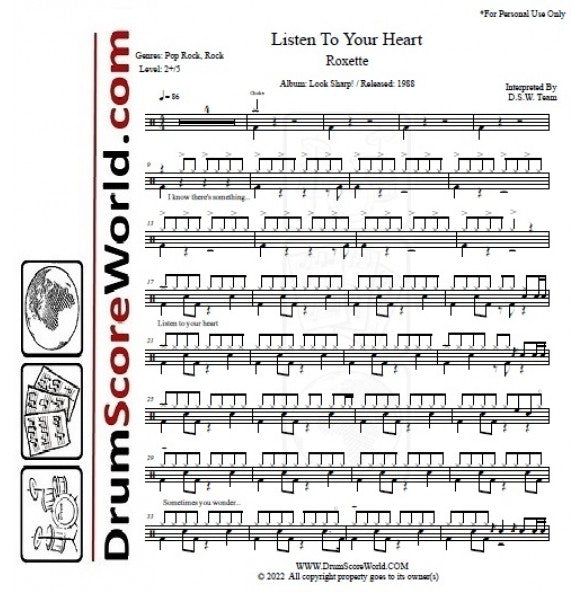 Listen to Your Heart - Roxette - Full Drum Transcription / Drum Sheet Music - DrumScoreWorld.com