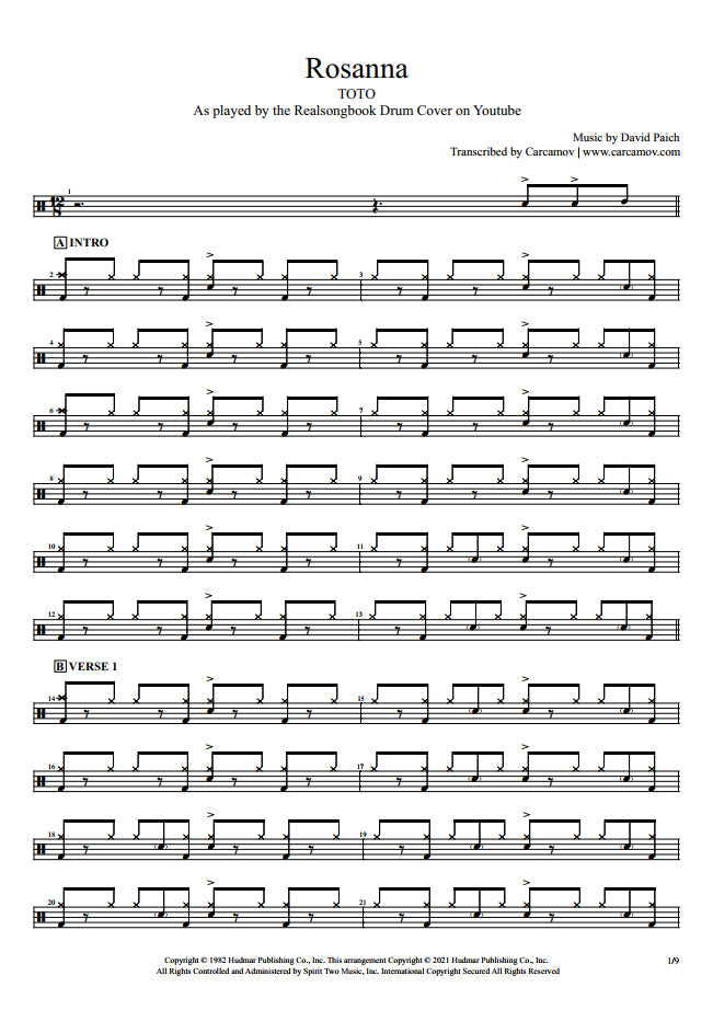 Rosanna - Toto - Full Drum Transcription / Drum Sheet Music - Realsongbook