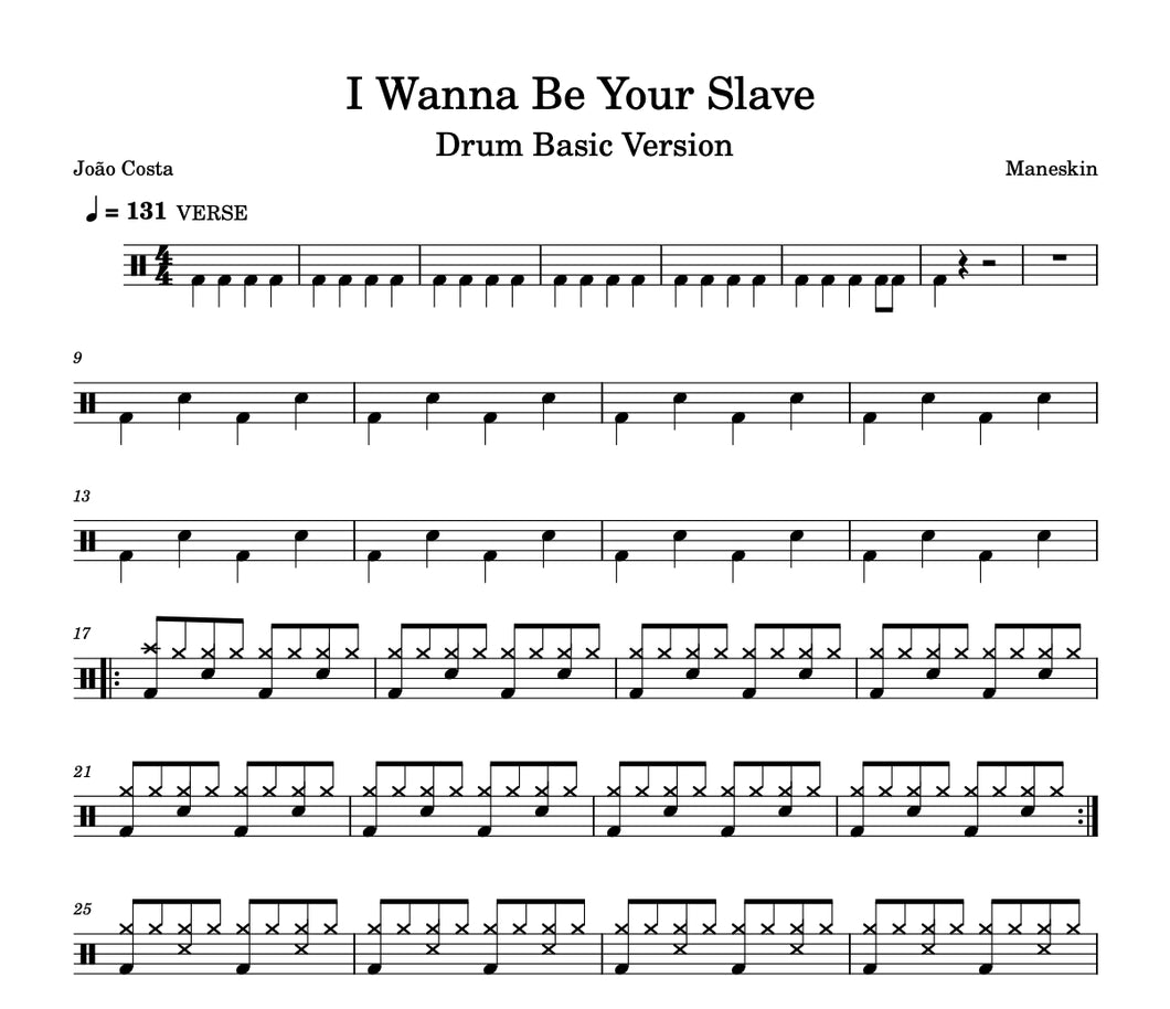 I Wanna Be Your Slave - Måneskin - Simplified Drum Transcription / Drum Sheet Music - João Costa