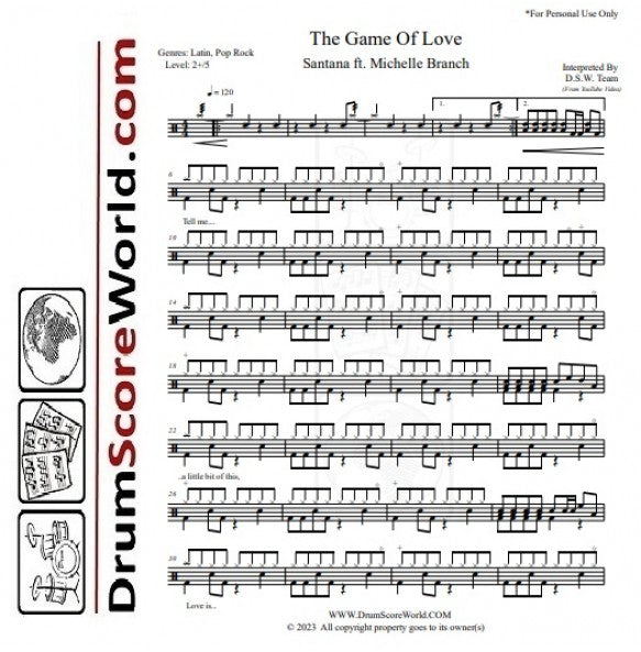 The Game of Love - Santana - Full Drum Transcription / Drum Sheet Music - DrumScoreWorld.com