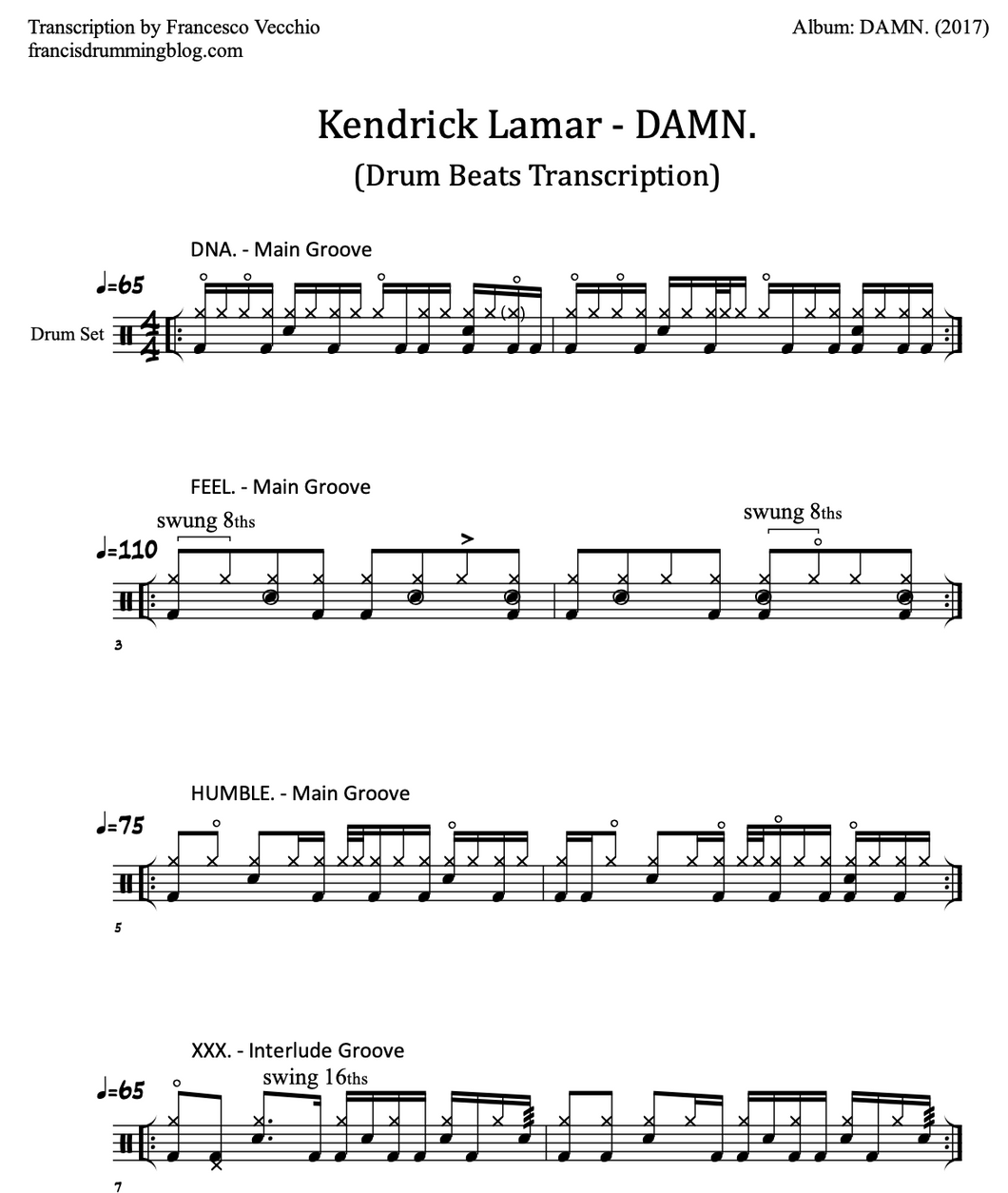 FEEL. - Kendrick Lamar - Collection of Drum Transcriptions / Drum Sheet Music - FrancisDrummingBlog.com