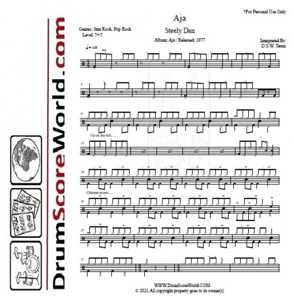 Aja - Steely Dan - Full Drum Transcription / Drum Sheet Music - DrumScoreWorld.com