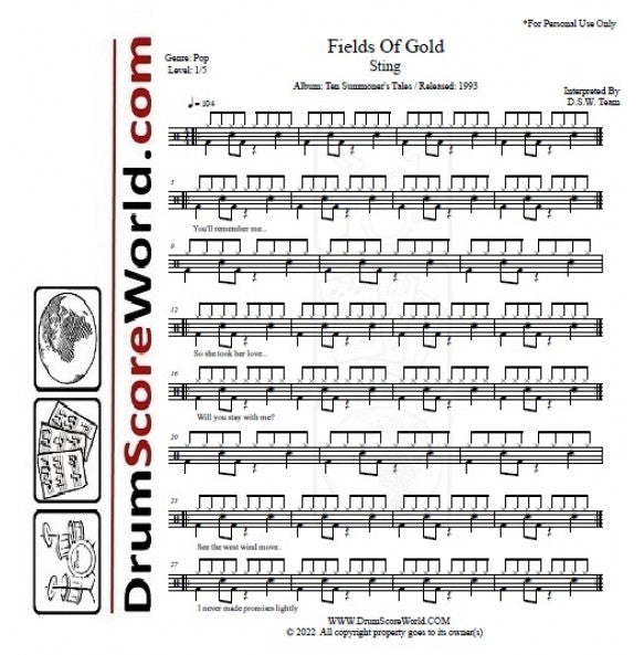 Fields of Gold - Sting - Full Drum Transcription / Drum Sheet Music - DrumScoreWorld.com