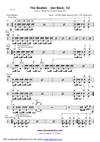 Get Back - The Beatles - Full Drum Transcription / Drum Sheet Music - AriaMus.com