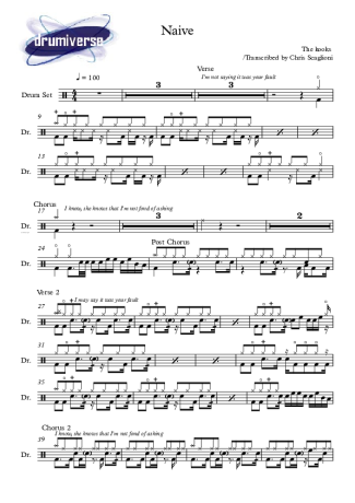 Naive - The Kooks - Full Drum Transcription / Drum Sheet Music - AriaMus.com