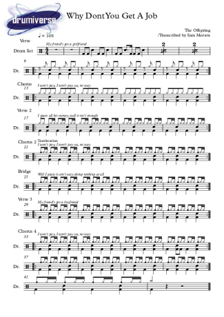 Why Don't You Get a Job - The Offspring - Full Drum Transcription / Drum Sheet Music - AriaMus.com