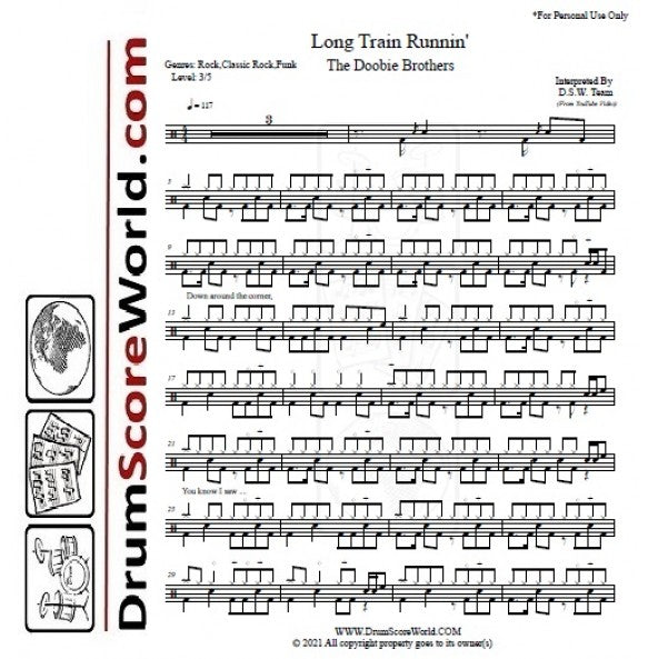 Long Train Runnin' - The Doobie Brothers - Full Drum Transcription / Drum Sheet Music - DrumScoreWorld.com