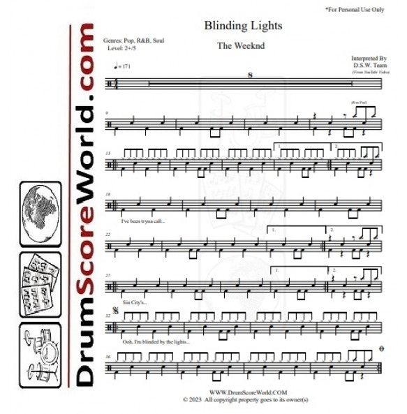 Blinding Lights - The Weeknd - Full Drum Transcription / Drum Sheet Music - DrumScoreWorld.com