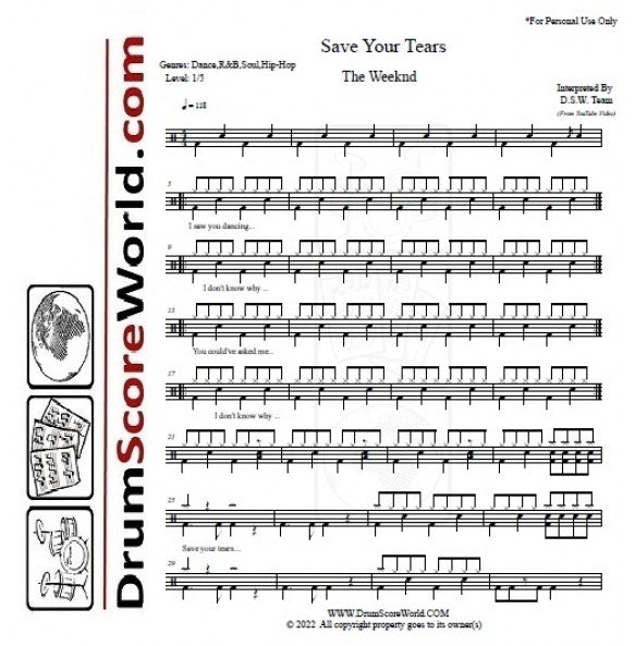Save Your Tears - The Weeknd - Full Drum Transcription / Drum Sheet Music - DrumScoreWorld.com