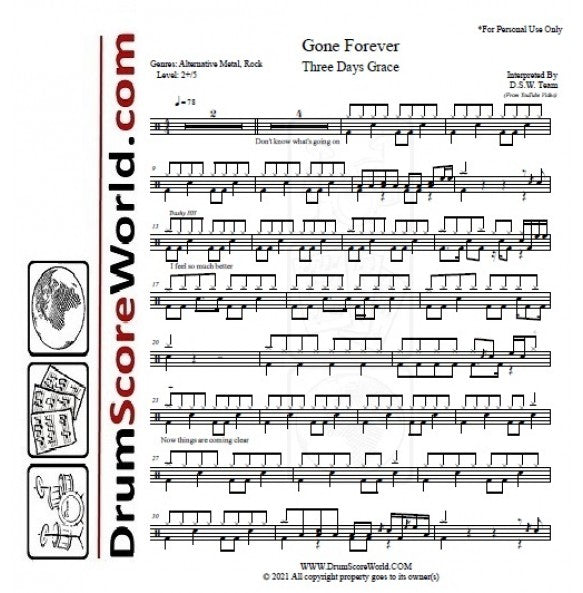 Gone Forever - Three Days Grace - Full Drum Transcription / Drum Sheet Music - DrumScoreWorld.com