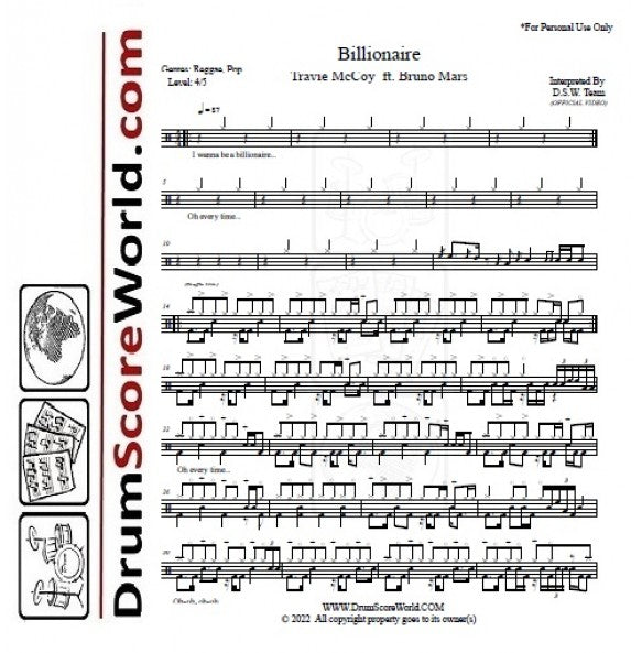 Billionaire (feat. Bruno Mars) - Travie McCoy - Full Drum Transcription / Drum Sheet Music - DrumScoreWorld.com