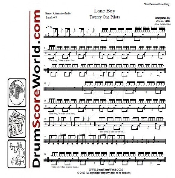 Lane Boy - Twenty One Pilots - Full Drum Transcription / Drum Sheet Music - DrumScoreWorld.com