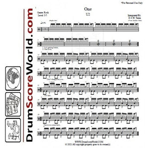 One - U2 (The Band) - Full Drum Transcription / Drum Sheet Music - DrumScoreWorld.com