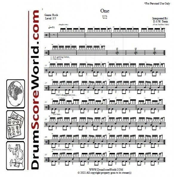 One - U2 (The Band) - Full Drum Transcription / Drum Sheet Music - DrumScoreWorld.com