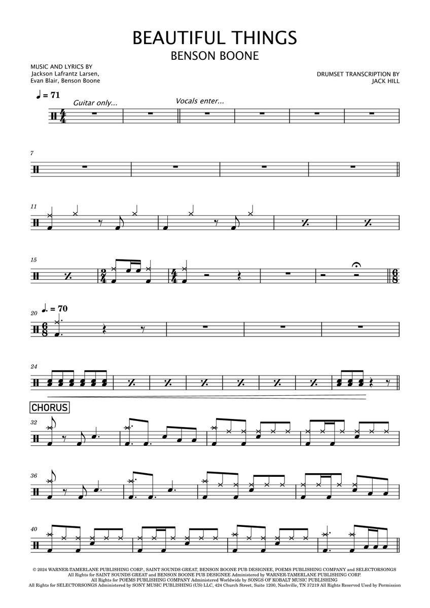 Beautiful Things - Benson Boone - Drum Sheet Music - SheetMusicDirect ...