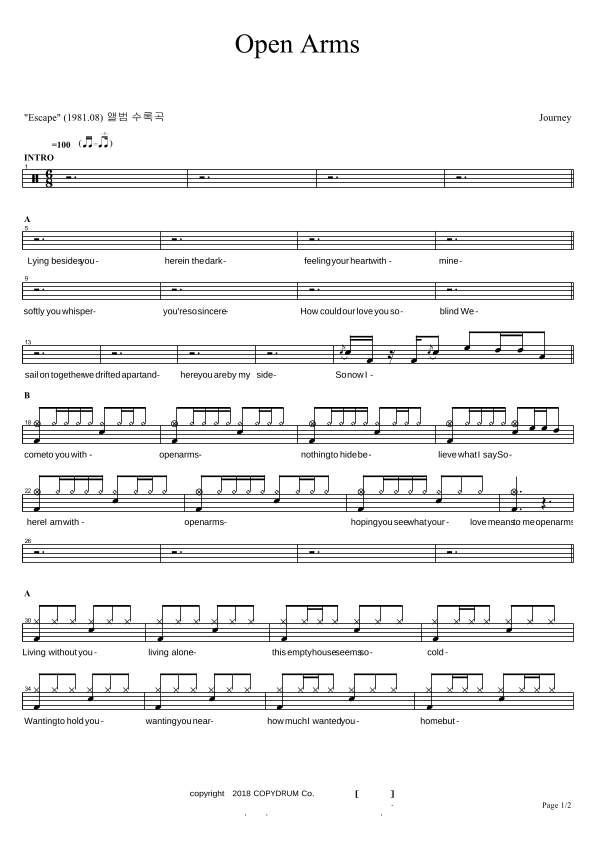 Open Arms Journey Drum Sheet Music SheetMusicDirect D