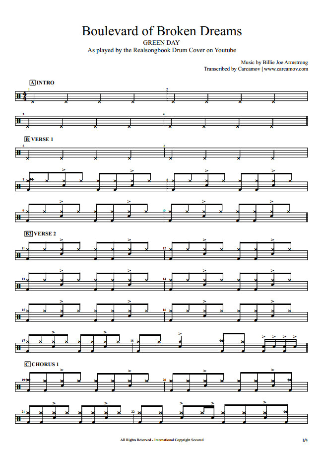 Boulevard of Broken Dreams - Green Day - Full Drum Transcription / Drum Sheet Music - Realsongbook