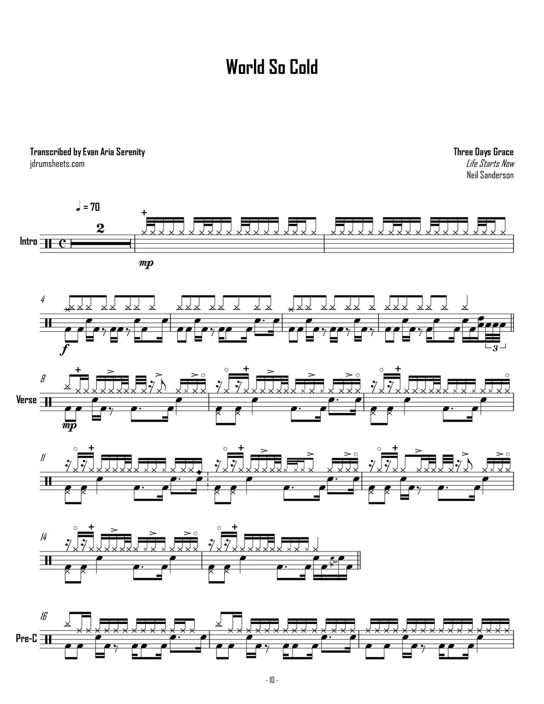World so Cold - Three Days Grace - Full Drum Transcription / Drum Sheet Music - Jaslow Drum Sheets