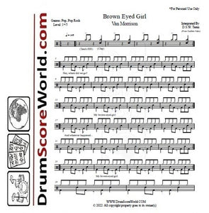 Brown Eyed Girl - Van Morrison - Full Drum Transcription / Drum Sheet Music - DrumScoreWorld.com