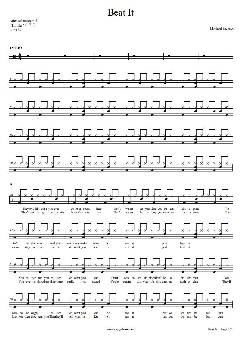 Beat Sheets.pdf Beat It - Michael Jackson - Drum Sheet Music - COPYDRUM – DrumSetSheetMusic