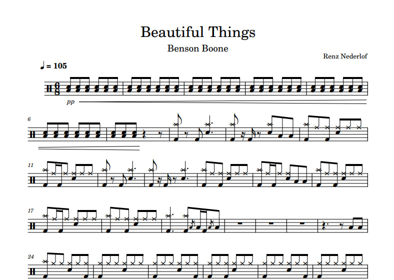 Beautiful Things - Benson Boone - Drum Sheet Music - Renz Nederlof ...