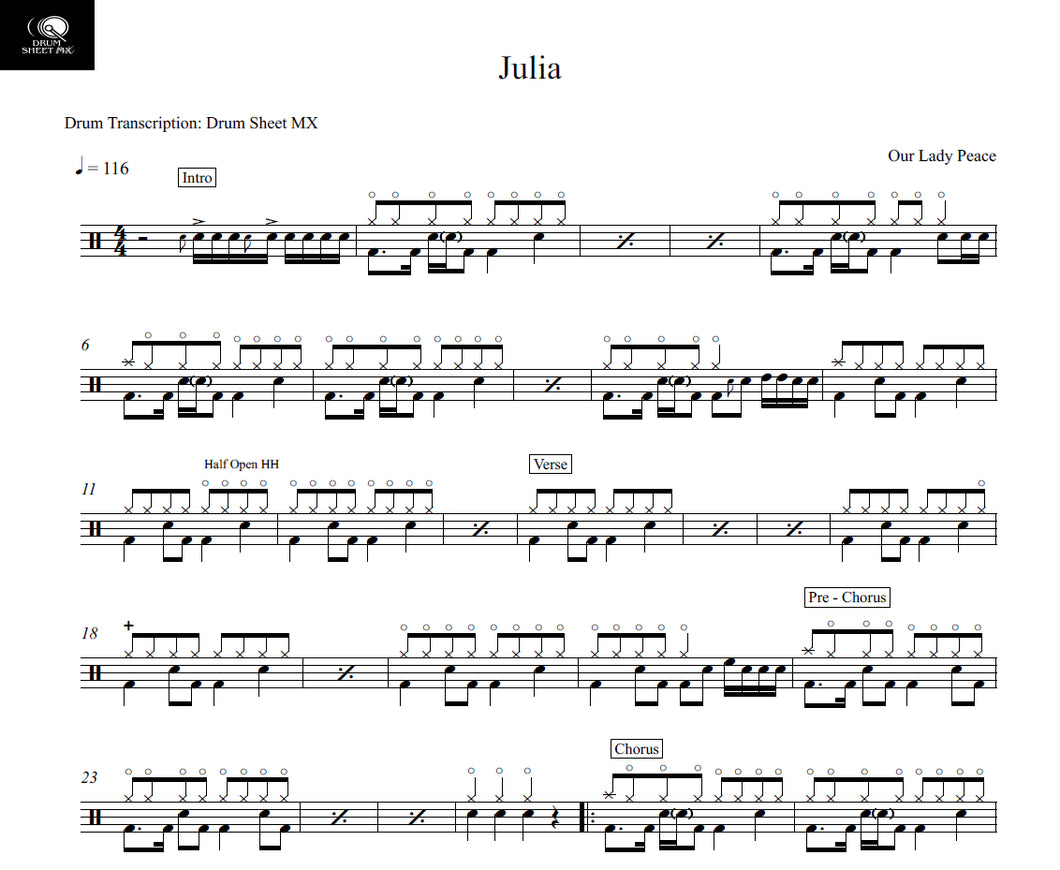Julia - Our Lady Peace - Full Drum Transcription / Drum Sheet Music - Drum Sheet MX