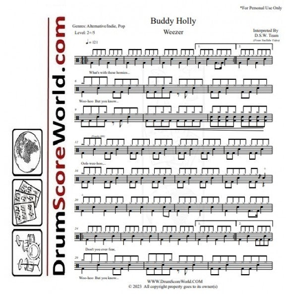 Buddy Holly - Weezer - Full Drum Transcription / Drum Sheet Music - DrumScoreWorld.com