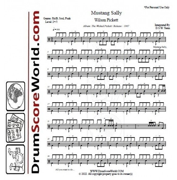 Mustang Sally - Wilson Pickett - Full Drum Transcription / Drum Sheet Music - DrumScoreWorld.com